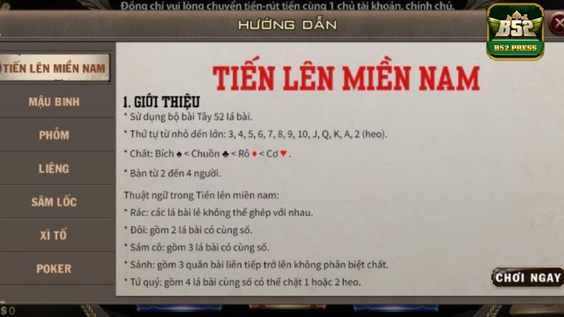 Luật chơi tiến lên tương tự như truyền thống