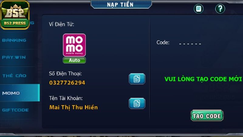 Nạp tiền vào tài khoản B52 Club qua phương thức Momo