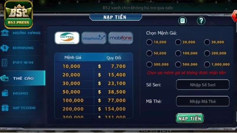 Quy trình nạp tiền B52 Club qua thẻ cào cực đơn giản