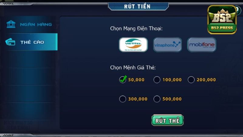Hướng dẫn rút thưởng qua thẻ cào di động tại B52 Club